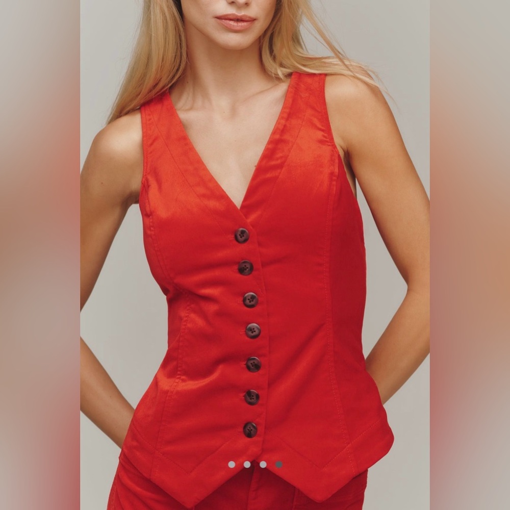 Anthropologie Halsey Slim Cherry Pop Red Button-Front V-Neck Sleeveless Top Vest